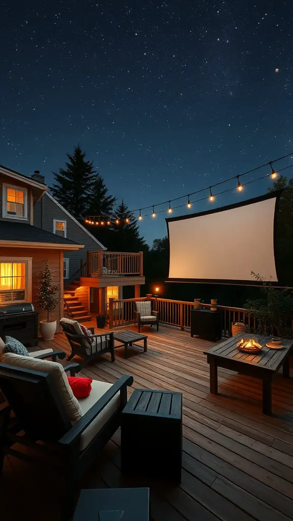 17 Inspiring Multi-Level Deck Ideas for Your Outdoor Space 11 Outdoor movie night setup on a multi-level deck with a projector screen, string lights, and cozy seating.