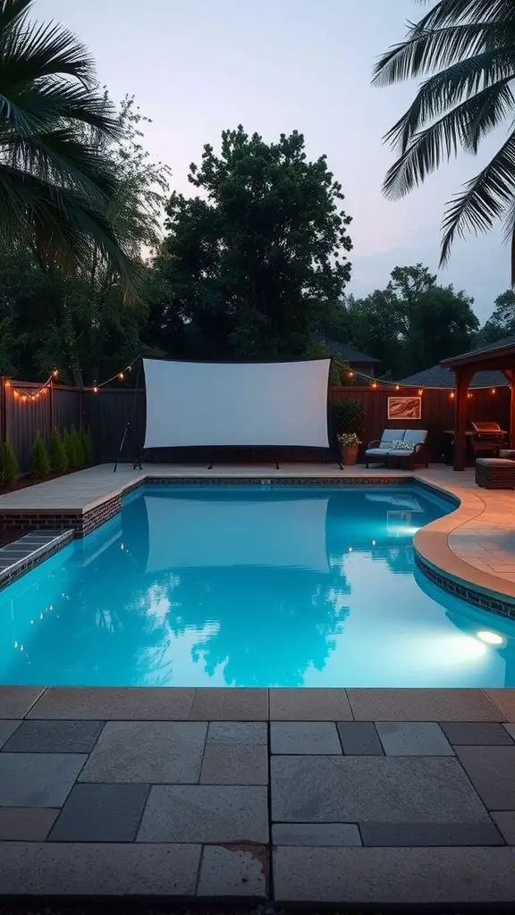 A backyard pool with a movie screen setup, surrounded by lights and greenery.