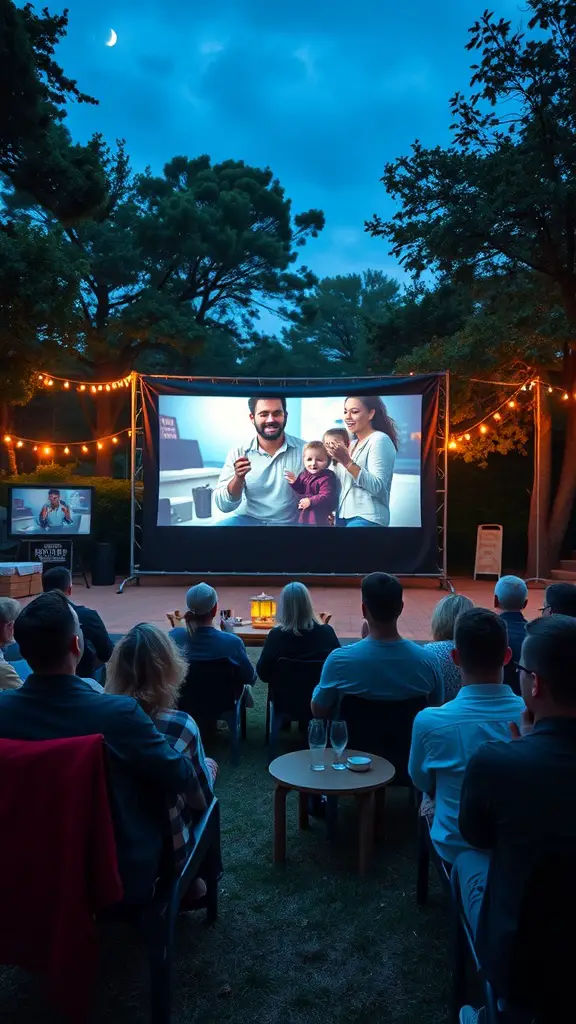 21 Creative Summer Baby Shower Ideas to Celebrate the Arrival of Baby 20 A cozy outdoor movie screening setup with guests watching a film under string lights.