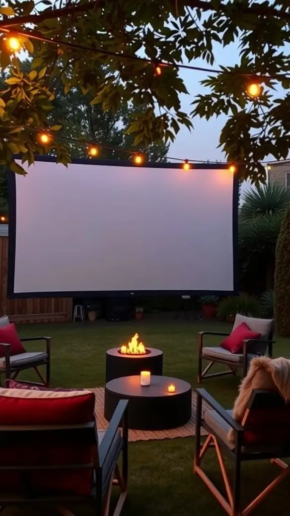 A backyard setup for an outdoor movie screening with a screen, chairs, and fire pit.