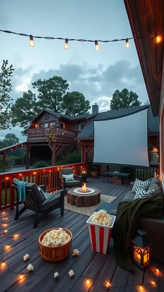 19 Stunning Two-Level Deck Ideas for Your Home 11 A cozy outdoor movie setup featuring a projector, comfortable seating, popcorn, and string lights.