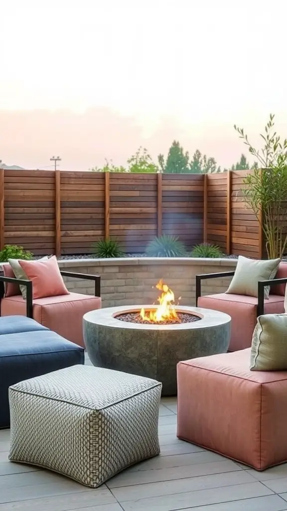 An outdoor seating arrangement with colorful ottomans, chairs, and a fire pit.