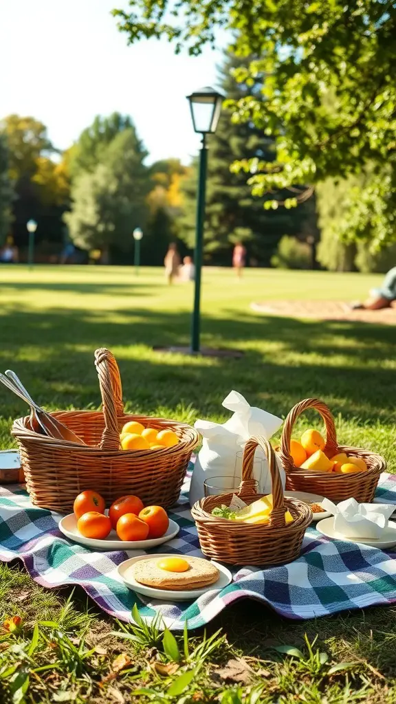 23 Bright and Cheerful Summer Decorations to Enhance Your Home 15 A sunny outdoor picnic setup with baskets of oranges and treats on a checkered blanket