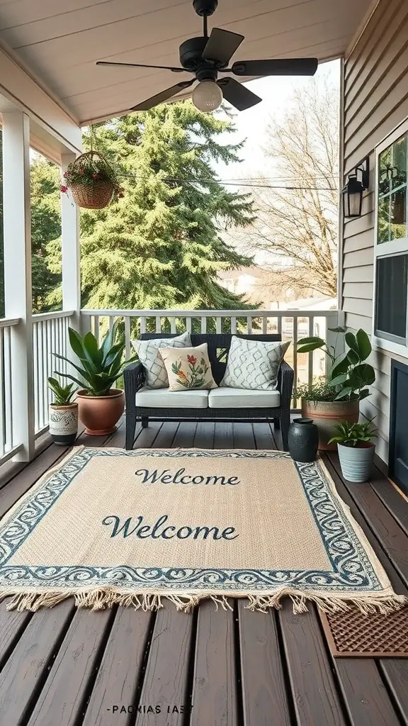25 Stunning Deck Furniture Ideas for Your Outdoor Oasis 17 A welcoming outdoor rug on a deck with potted plants and seating.