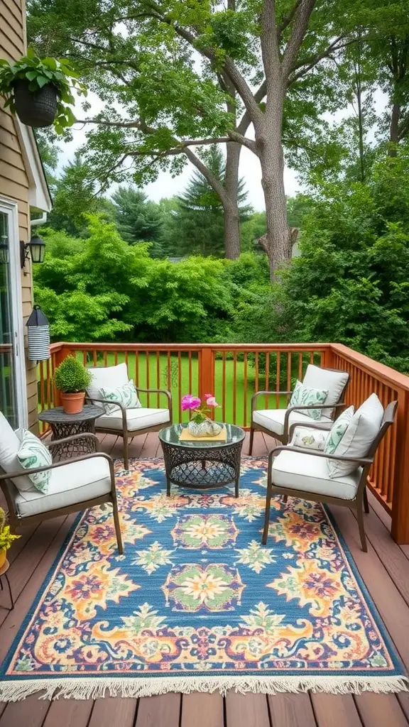 21 Inspiring Small Deck Ideas to Maximize Your Outdoor Space 17 A cozy small deck featuring an outdoor rug that defines the seating area with chairs and a table surrounded by greenery.