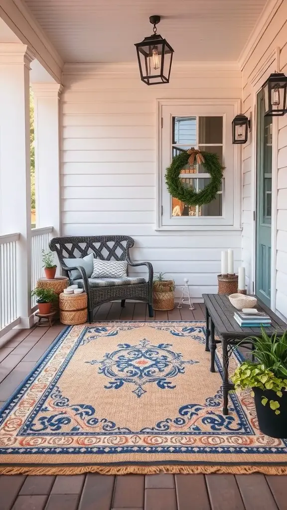 19 Stunning Front Porch Inspiration Ideas for Your Home 15 Front porch with a decorative outdoor rug, wicker furniture, and plants.