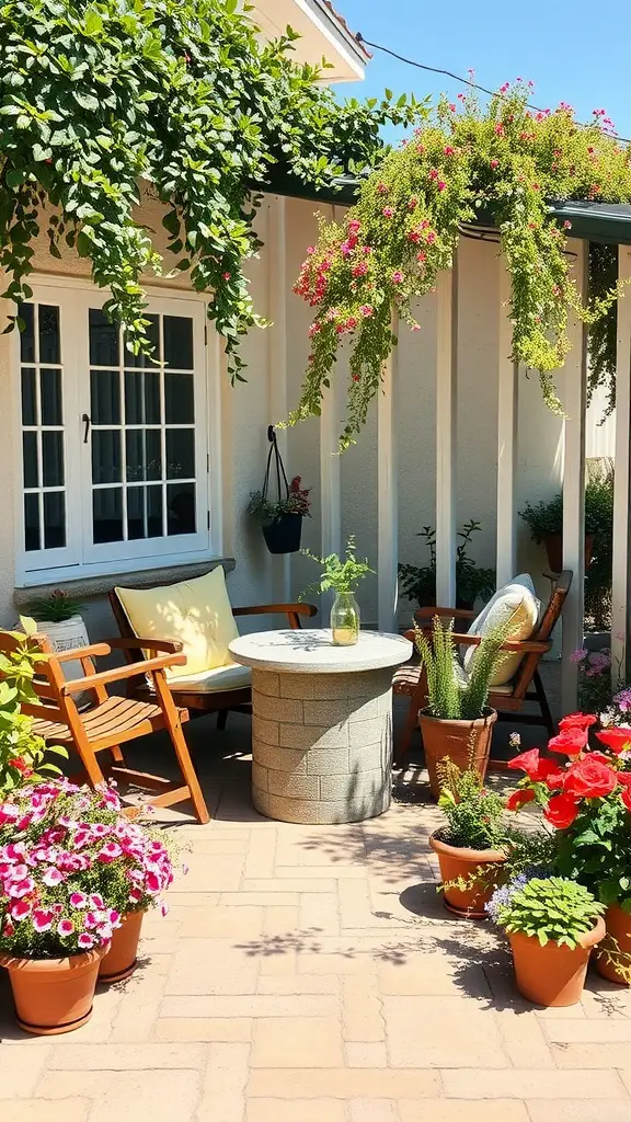 Cozy outdoor seating area surrounded by flowers and greenery