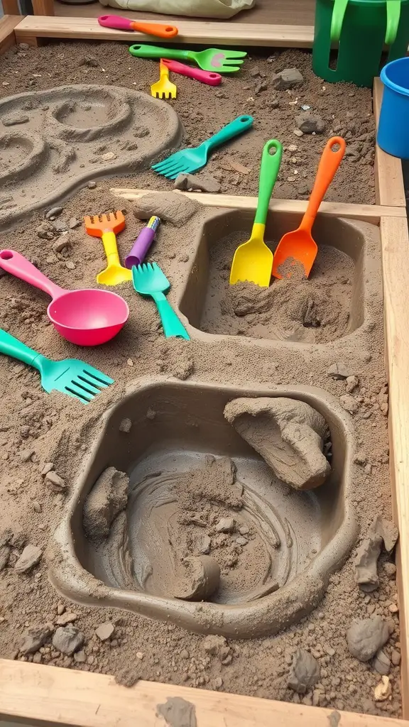 25 Creative Mud Kitchen Ideas for Kids to Inspire Imaginative Play 2 A colorful outdoor mud kitchen with various tools in the sand, perfect for sensory play.