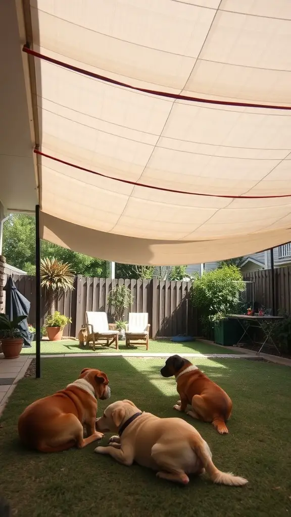 19 Creative Grassless Backyard Ideas for Dogs 17 Dogs relaxing under an outdoor shade canopy in a backyard