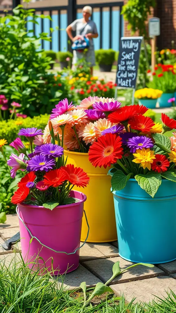 Colorful painted buckets filled with flowers in a garden setting