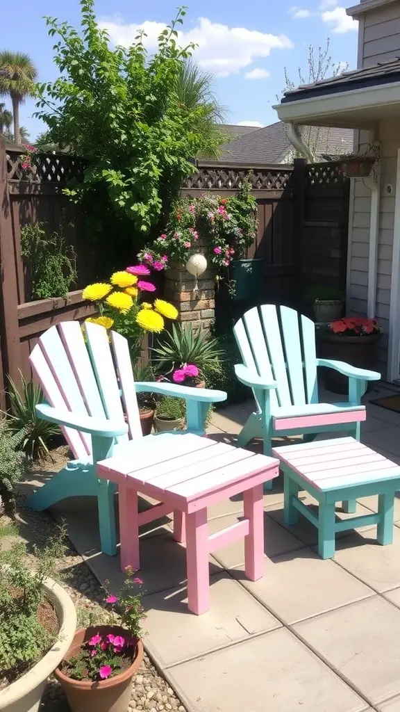 Brightly painted garden furniture in a patio setting with flowers and greenery.