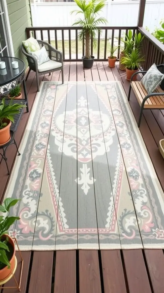 19 Affordable DIY Deck Ideas to Transform Your Outdoor Space 4 A cozy deck area with a painted outdoor rug, plants, and seating.