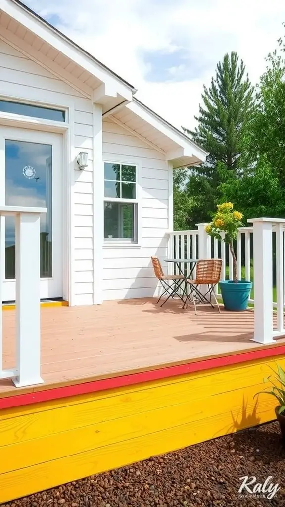 19 Creative Deck Skirting Ideas for Your Outdoor Space 10 Colorful deck skirting with yellow plywood and red trim, featuring a small table and chairs.