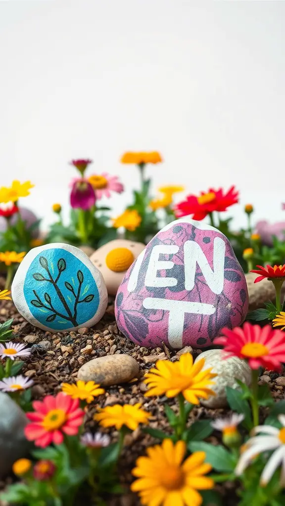 17 Fun Summer Craft Ideas for Endless Creativity 2 Colorful painted rocks used as garden markers among vibrant flowers.
