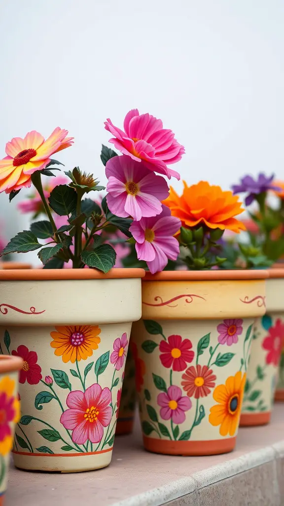 Colorful painted terracotta pots with vibrant flowers