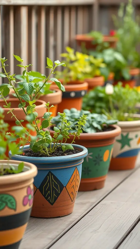 15 Creative DIY Deck Planter Ideas to Enhance Your Outdoor Space 10 Colorful painted terracotta pots lined up on a deck, each showcasing different patterns and plants.