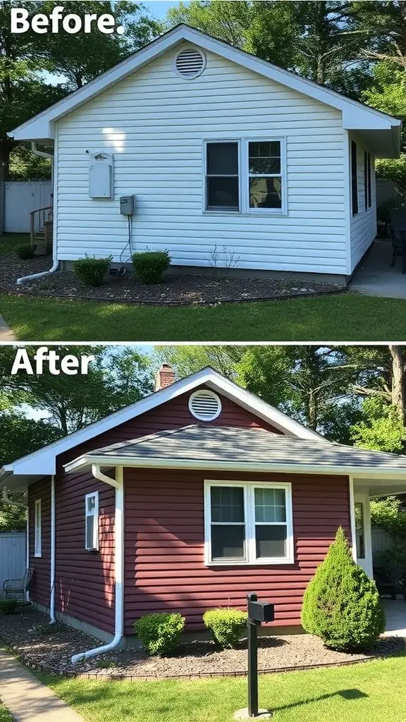 Image showing a house with vinyl siding before and after being painted. The top half is white, and the bottom half is a deep red.