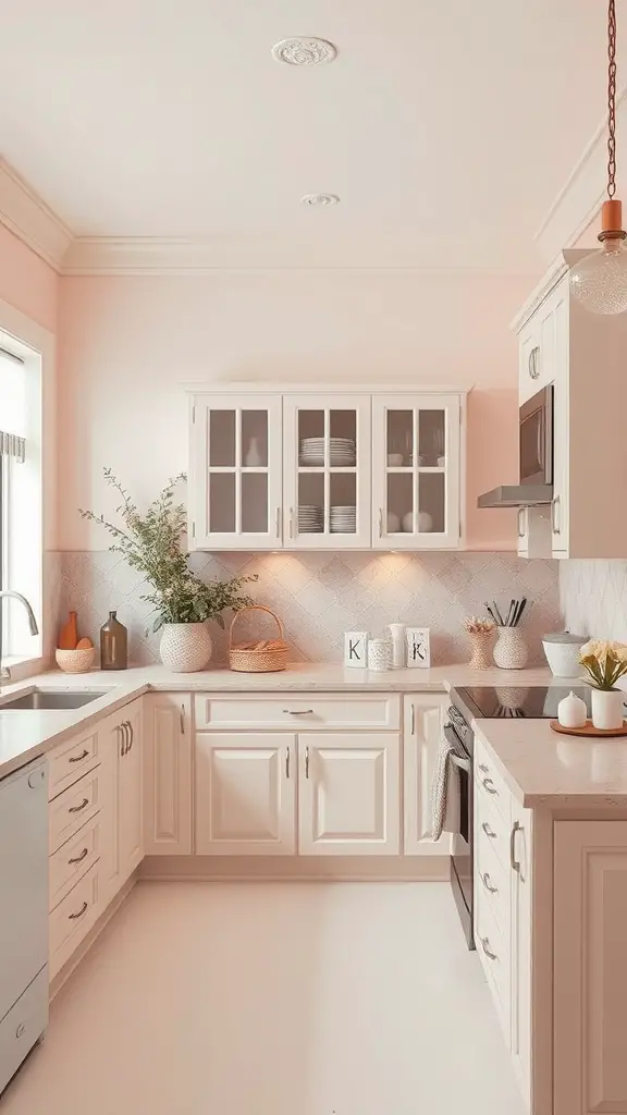 A kitchen featuring pale blush pink walls and white cabinetry, with decorative elements like greenery and kitchenware.