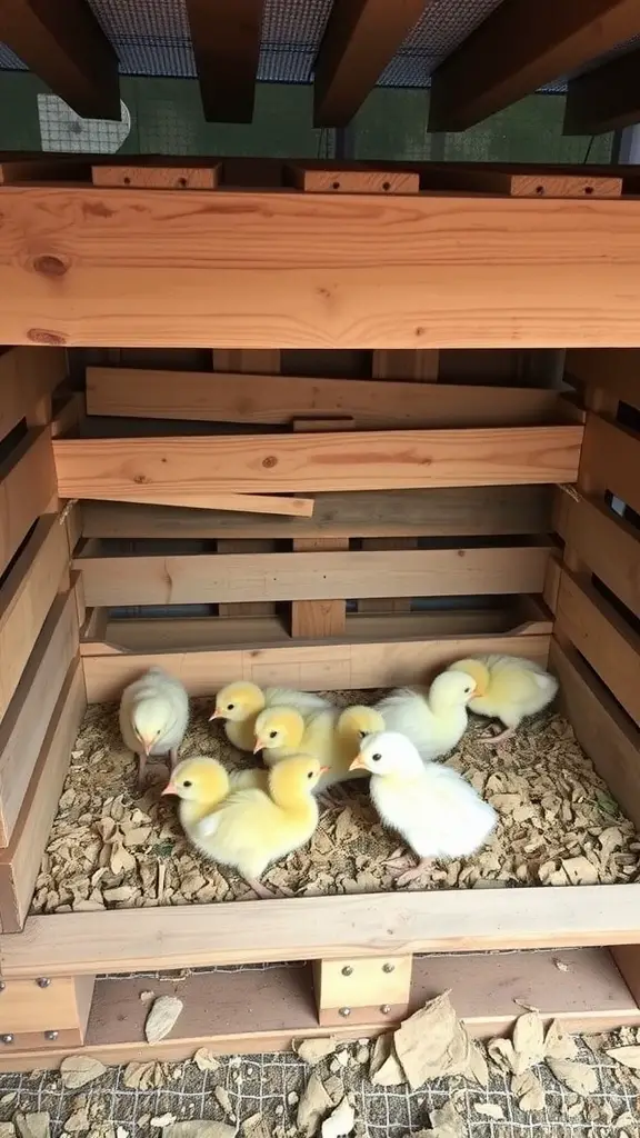 A wooden brooder box with yellow chicks resting inside.