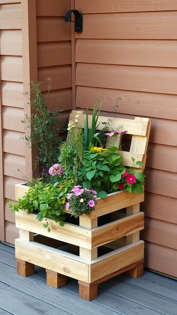 15 Creative DIY Deck Planter Ideas to Enhance Your Outdoor Space 14 A wooden pallet planter filled with colorful flowers and greenery, placed against a wooden wall.