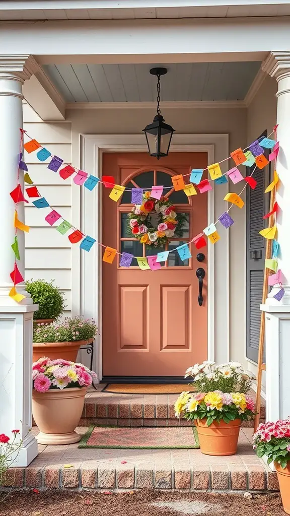 A colorful paper chain garland hanging above a doorway, adorned with flowers in potted plants.