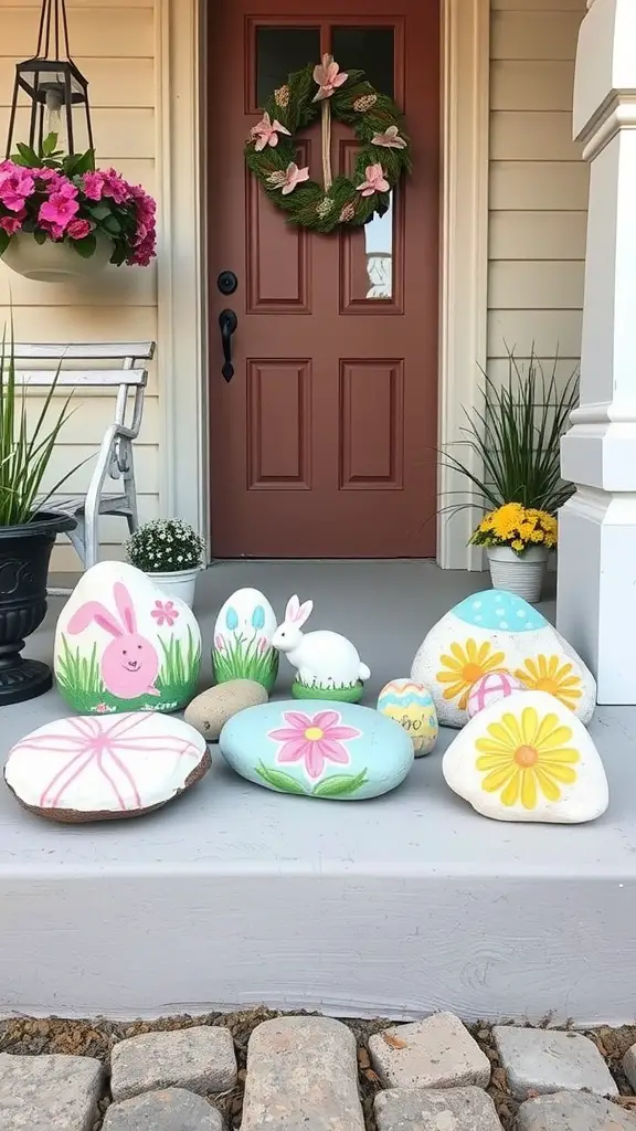 A collection of pastel painted rocks with Easter themes on a front porch.