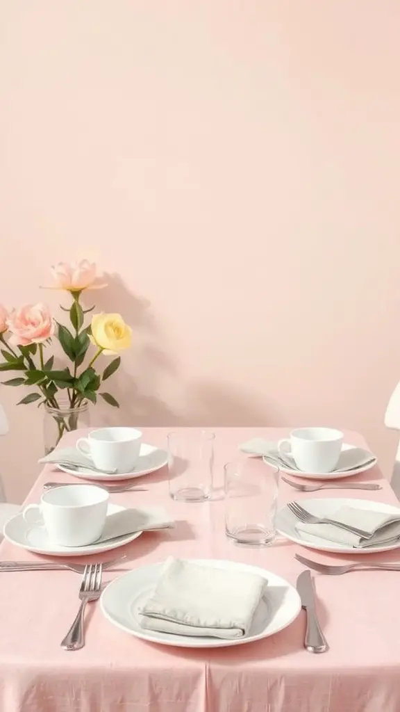 A pastel themed table setting with pink tablecloth, white plates, cups, and flowers.