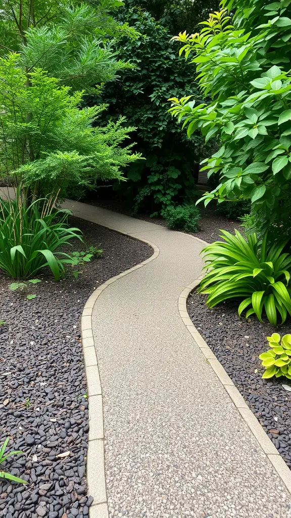 21 Creative Mulch Landscaping Ideas to Transform Your Outdoor Space 4 A winding garden pathway bordered by lush greenery and decorative black mulch.