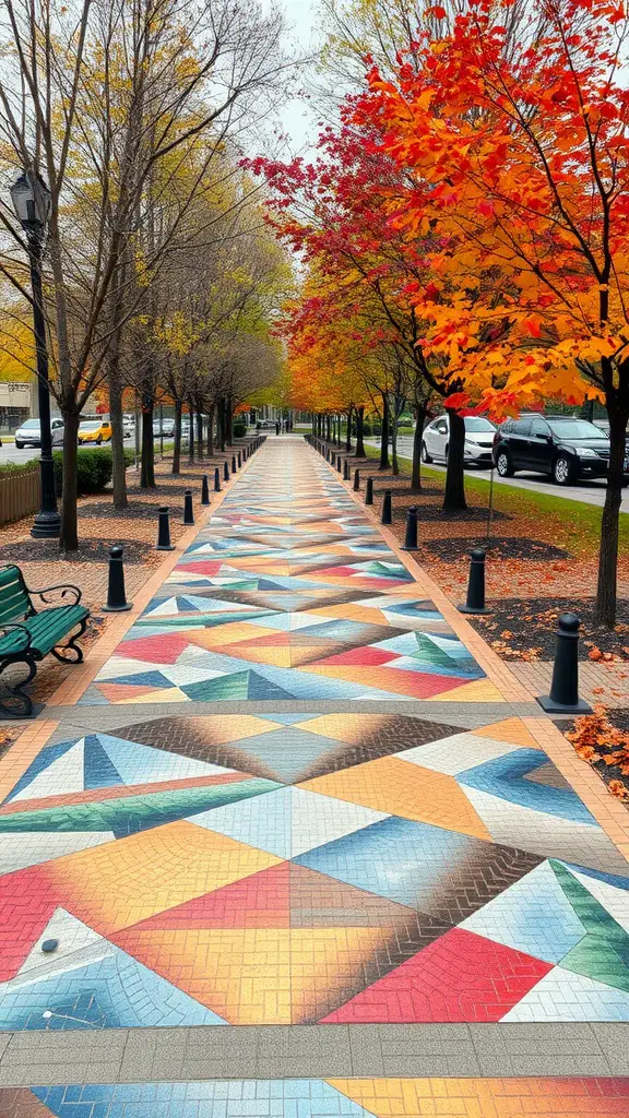 A colorful mosaic walkway surrounded by autumn trees with vibrant red and orange leaves.