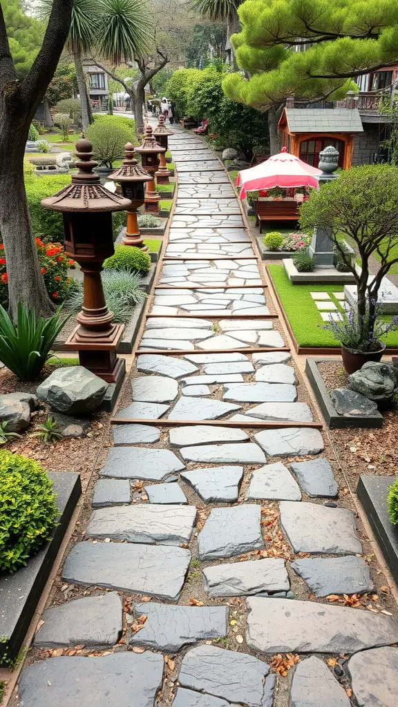 27 Stunning Stone Pathway Ideas for Your Garden Walkways 22 A scenic stone pathway lined with lanterns and greenery in a garden.