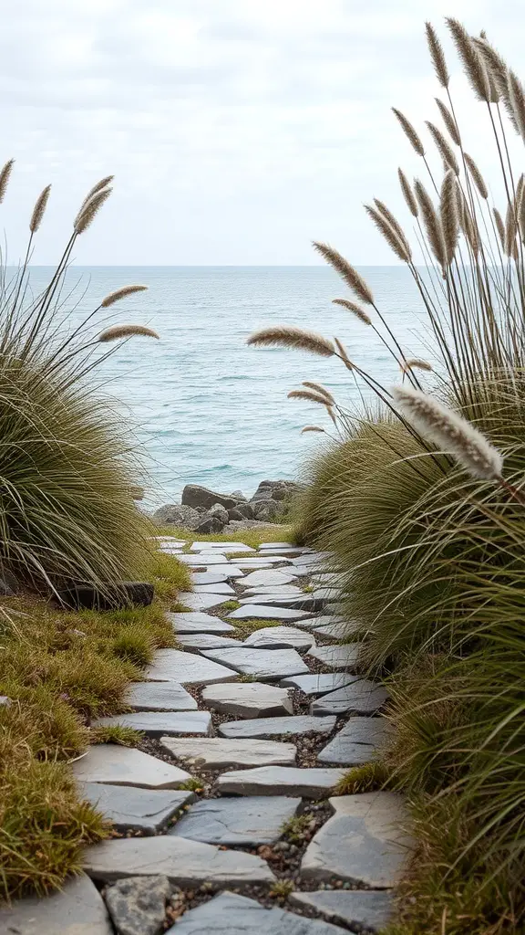 27 Stunning Stone Pathway Ideas for Your Garden Walkways 26 A stone pathway leading to the ocean, surrounded by tall grasses.