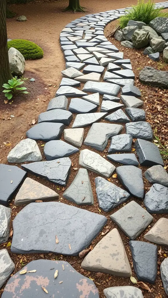27 Stunning Stone Pathway Ideas for Your Garden Walkways 23 A winding stone pathway made of irregularly shaped stones, surrounded by greenery and gravel.