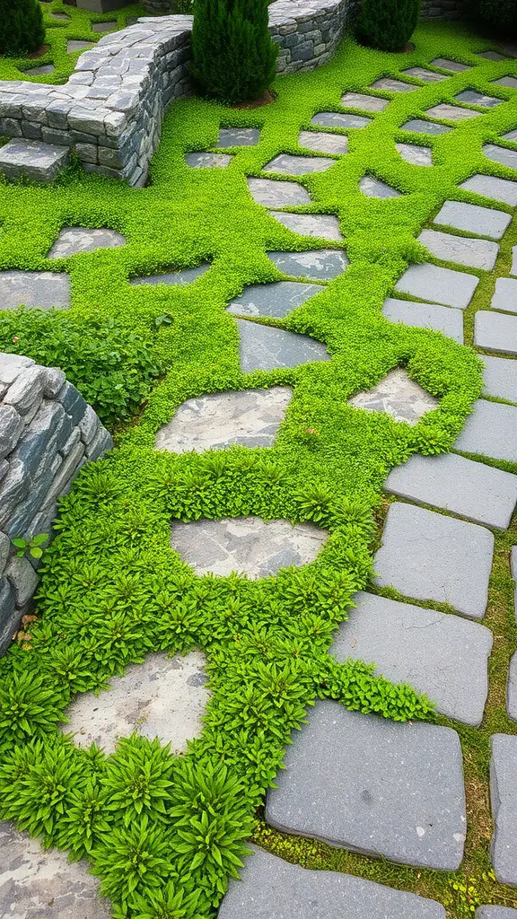 27 Stunning Stone Pathway Ideas for Your Garden Walkways 2 A stone pathway surrounded by lush green ground cover plants