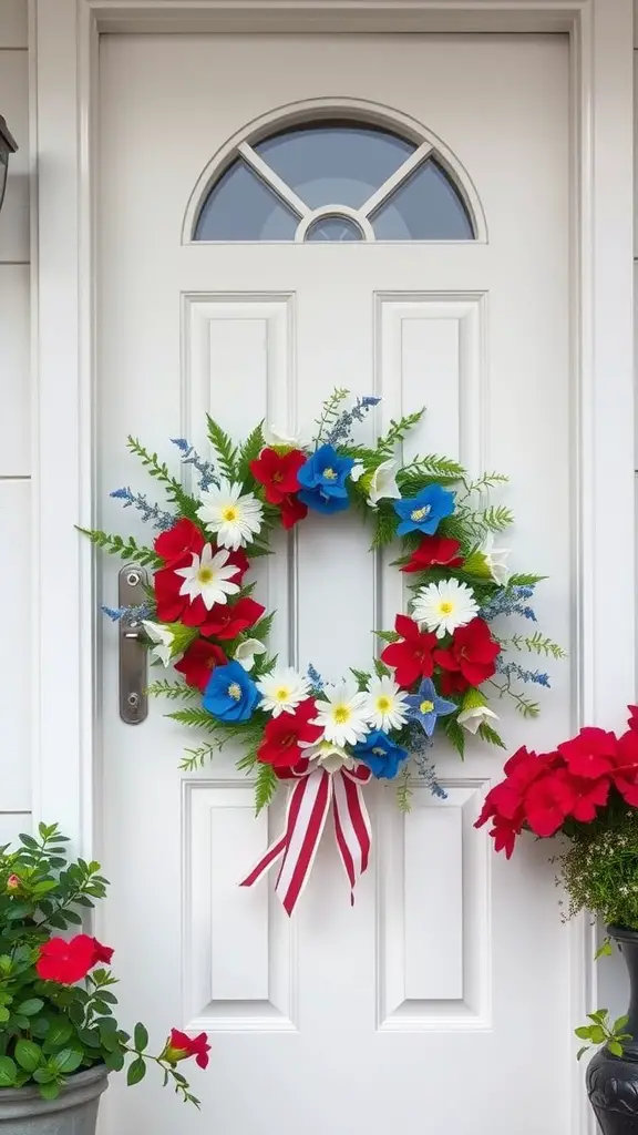 35 Stunning Summer Wreath Ideas for Your Front Door 10 Front door adorned with a patriotic red, white, and blue wreath featuring flowers and ribbons.
