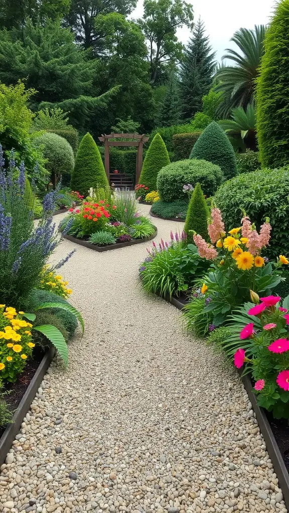 15 Creative Pea Gravel Patio Ideas for Your Outdoor Space 7 A winding pea gravel pathway surrounded by colorful flowers and lush greenery in a garden setting.