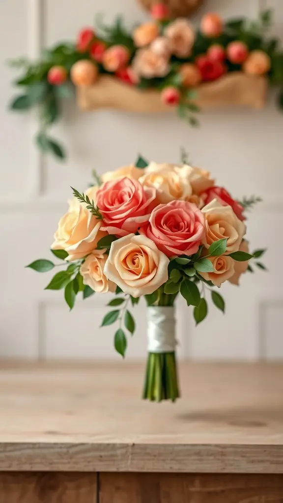 33 Stunning Summer Wedding Flower Ideas You’ll Love 17 A bouquet featuring peach and coral roses with green foliage.