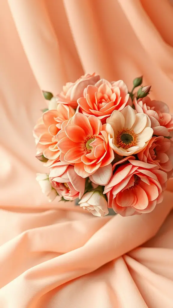 21 Stunning Spring Wedding Bouquet Ideas You’ll Love 11 A bouquet featuring peach and coral flowers arranged on a soft, draped fabric.