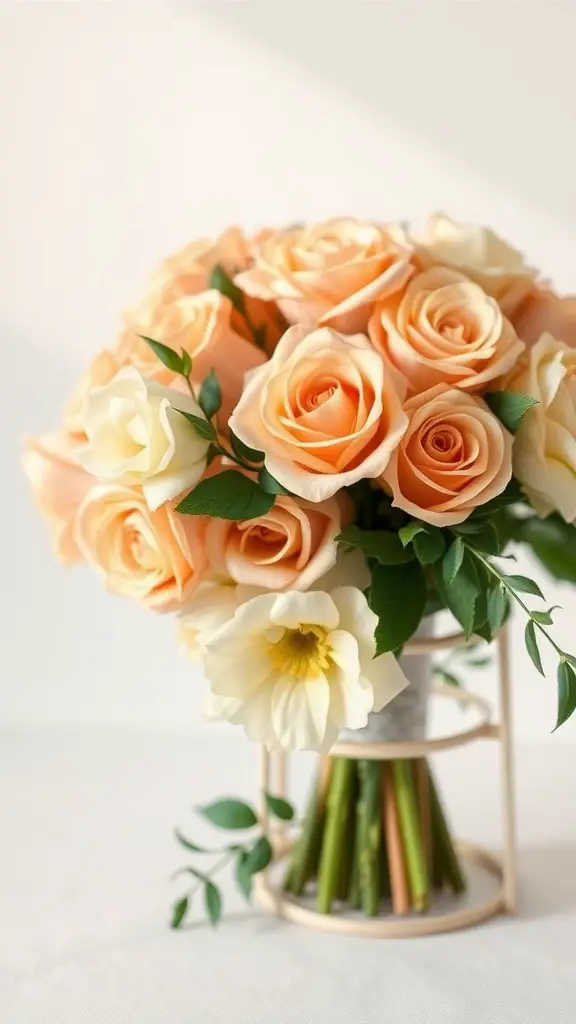 17 Stunning Summer Wedding Bouquet Ideas You’ll Love 5 A bouquet featuring peach and cream roses with greenery.