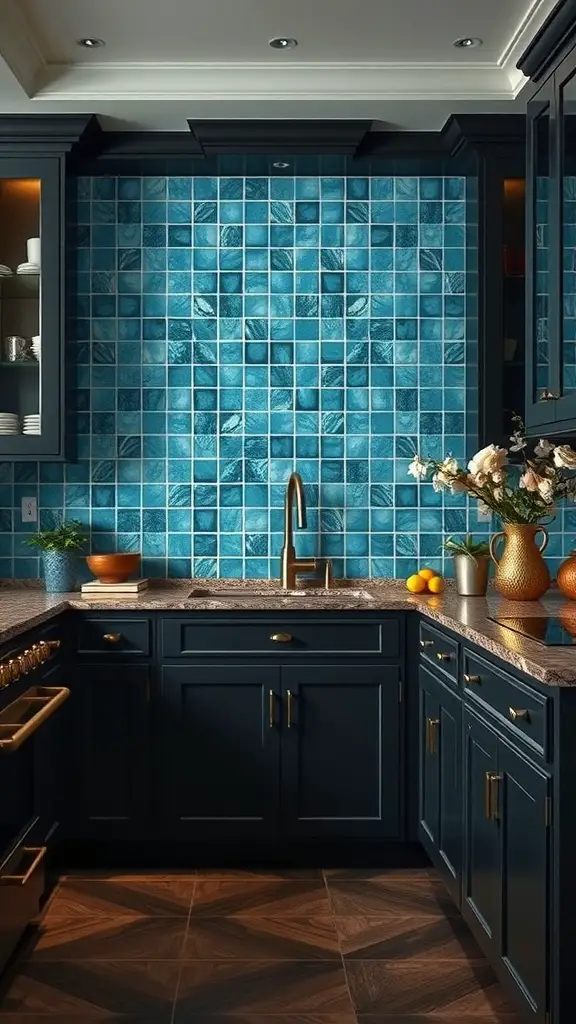 A kitchen featuring a peacock blue backsplash and dark kitchen cabinets