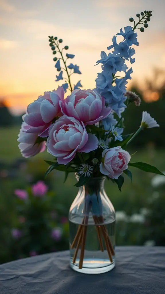17 Stunning Summer Flower Arrangement Ideas 8 A summer flower arrangement featuring pink peonies and blue delphiniums in a glass vase at sunset.