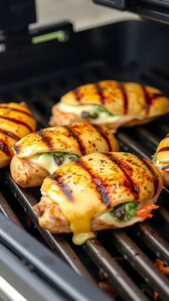 Grilled chicken breasts stuffed with pepper jack cheese and herbs on a grill.