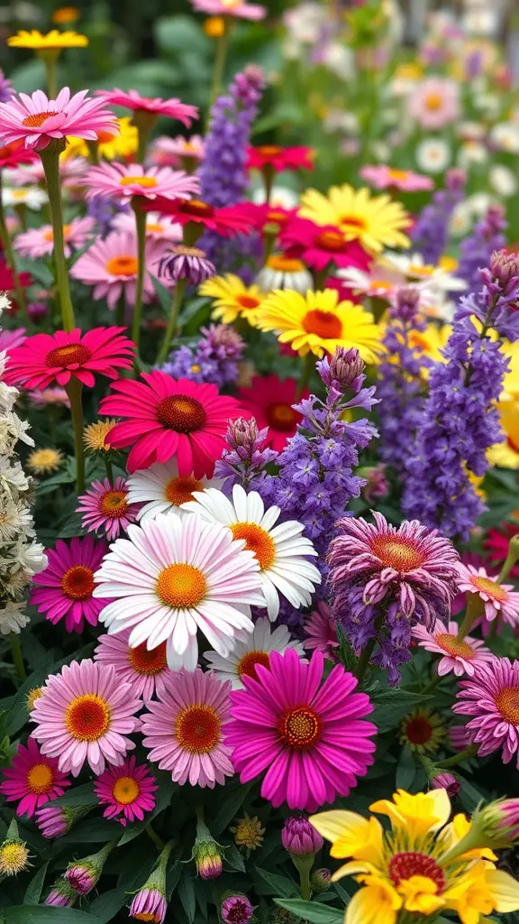 13 Creative Deer Resistant Landscaping Ideas for Your Garden 12 A vibrant display of colorful perennials in a garden, featuring various flowers including daisies and lavender.
