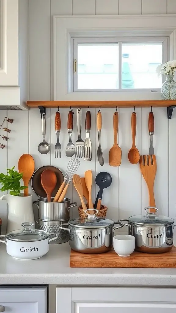 A cozy beach house kitchen displaying personalized cookware and utensils