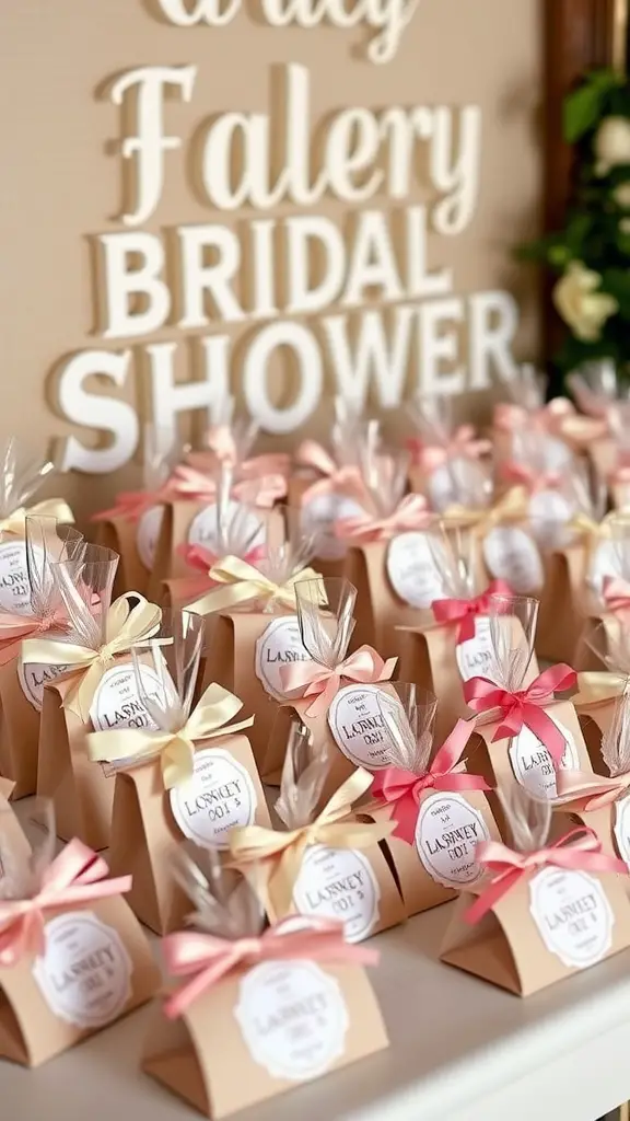 17 Creative Summer Bridal Shower Ideas for a Memorable Celebration 16 A display of personalized bridal shower favors neatly arranged on a table, featuring small gift boxes with ribbons and custom labels.