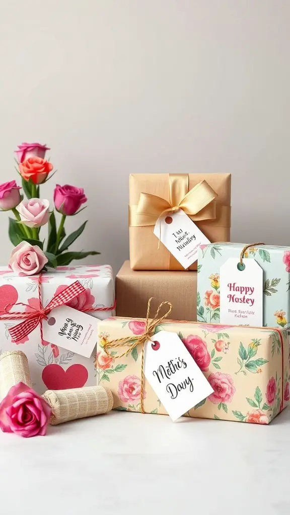 Various beautifully wrapped gifts for Mother's Day with floral patterns and custom tags