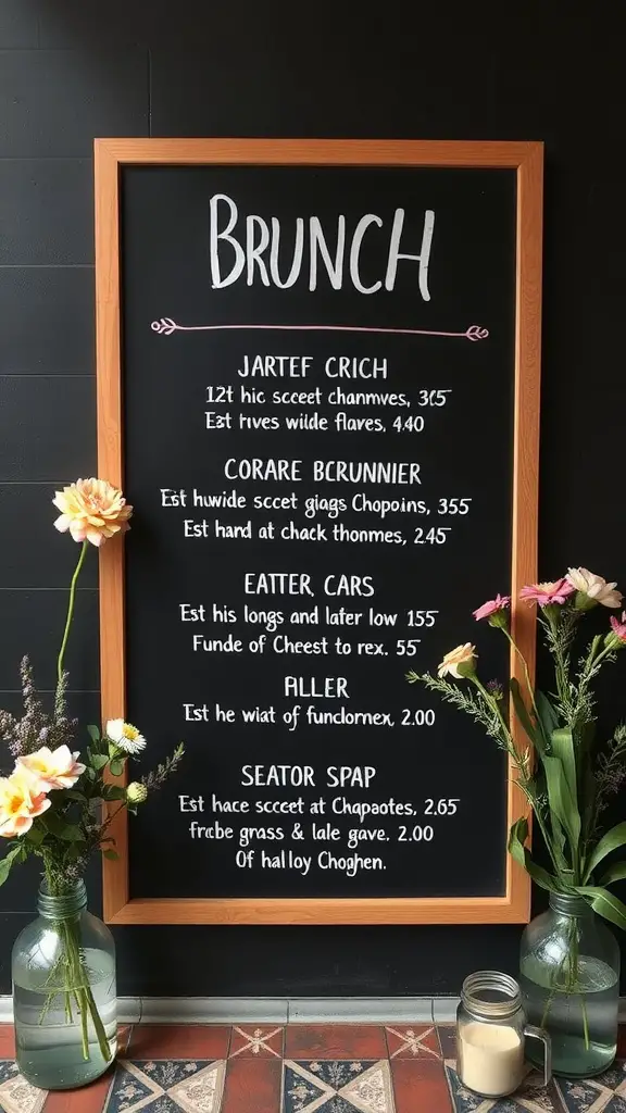 A chalkboard menu board displaying brunch items with floral decorations