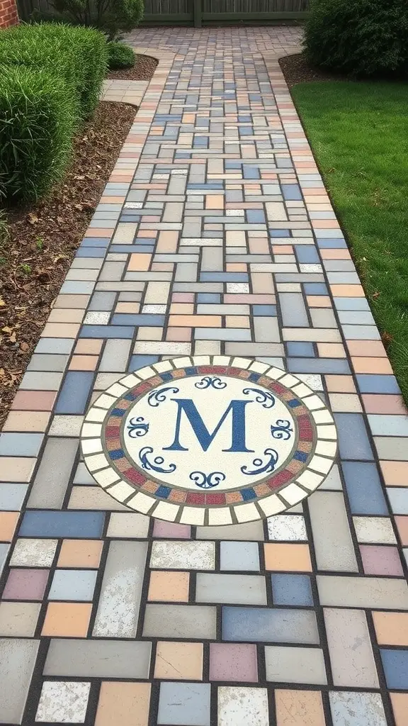 Mosaic walkway with a central monogram design featuring the letter M.