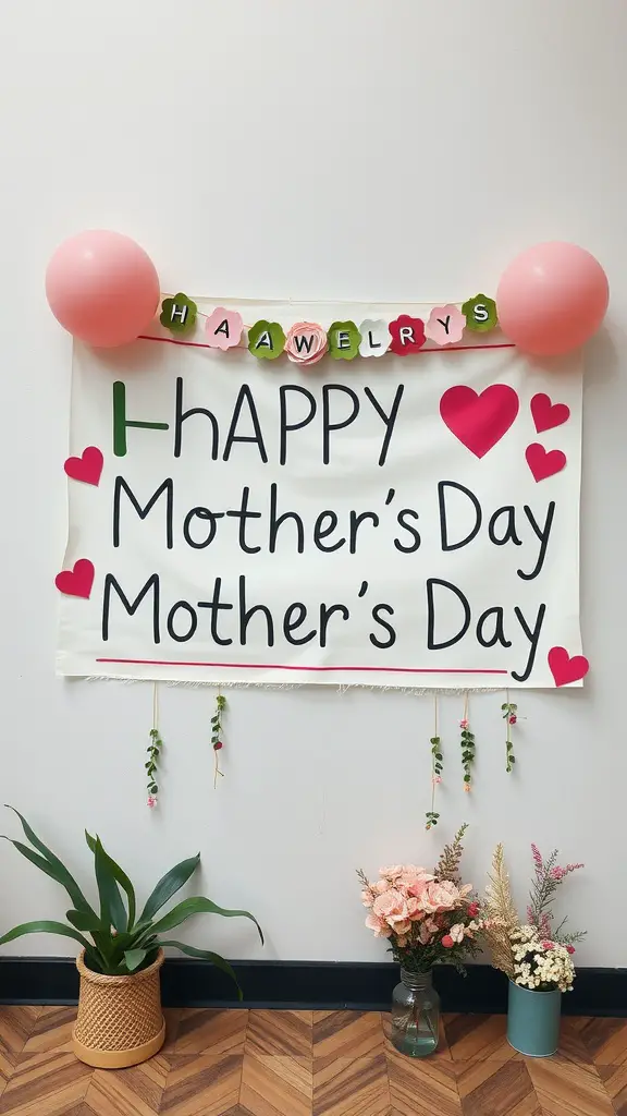 A colorful Mother's Day banner with balloons and flowers.