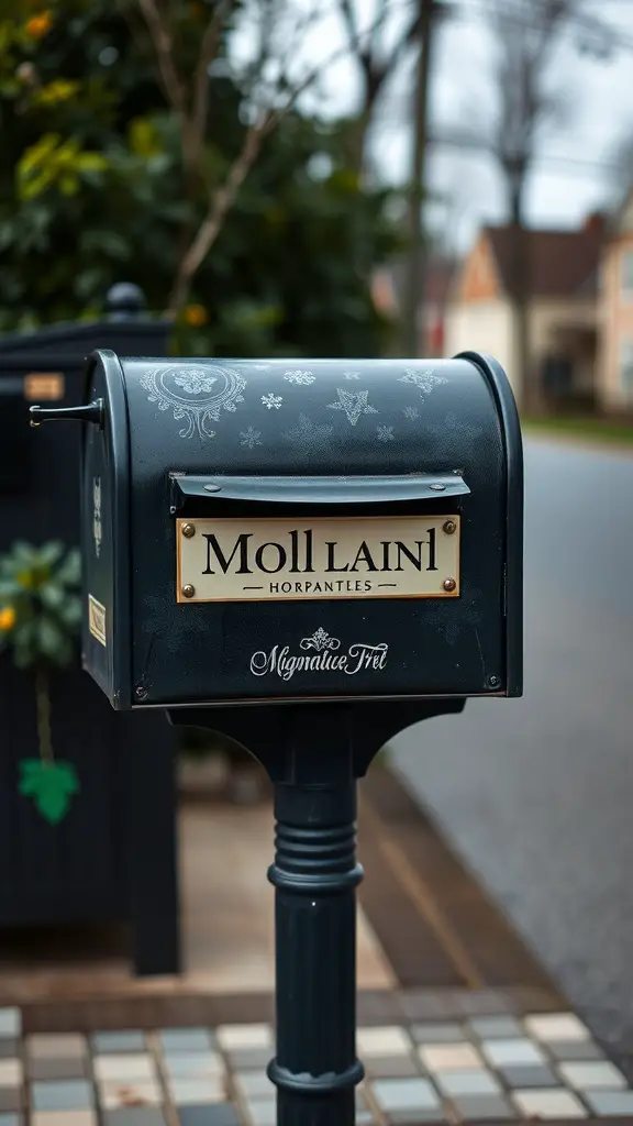 A dark blue mailbox with a personalized gold nameplate displaying the name 'Moll Lain' and decorative designs.