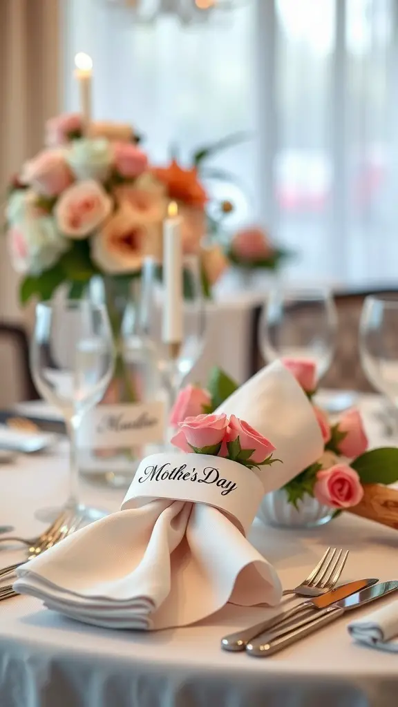 A beautifully set table for Mother's Day featuring personalized napkin holders with pink roses and elegant decor.